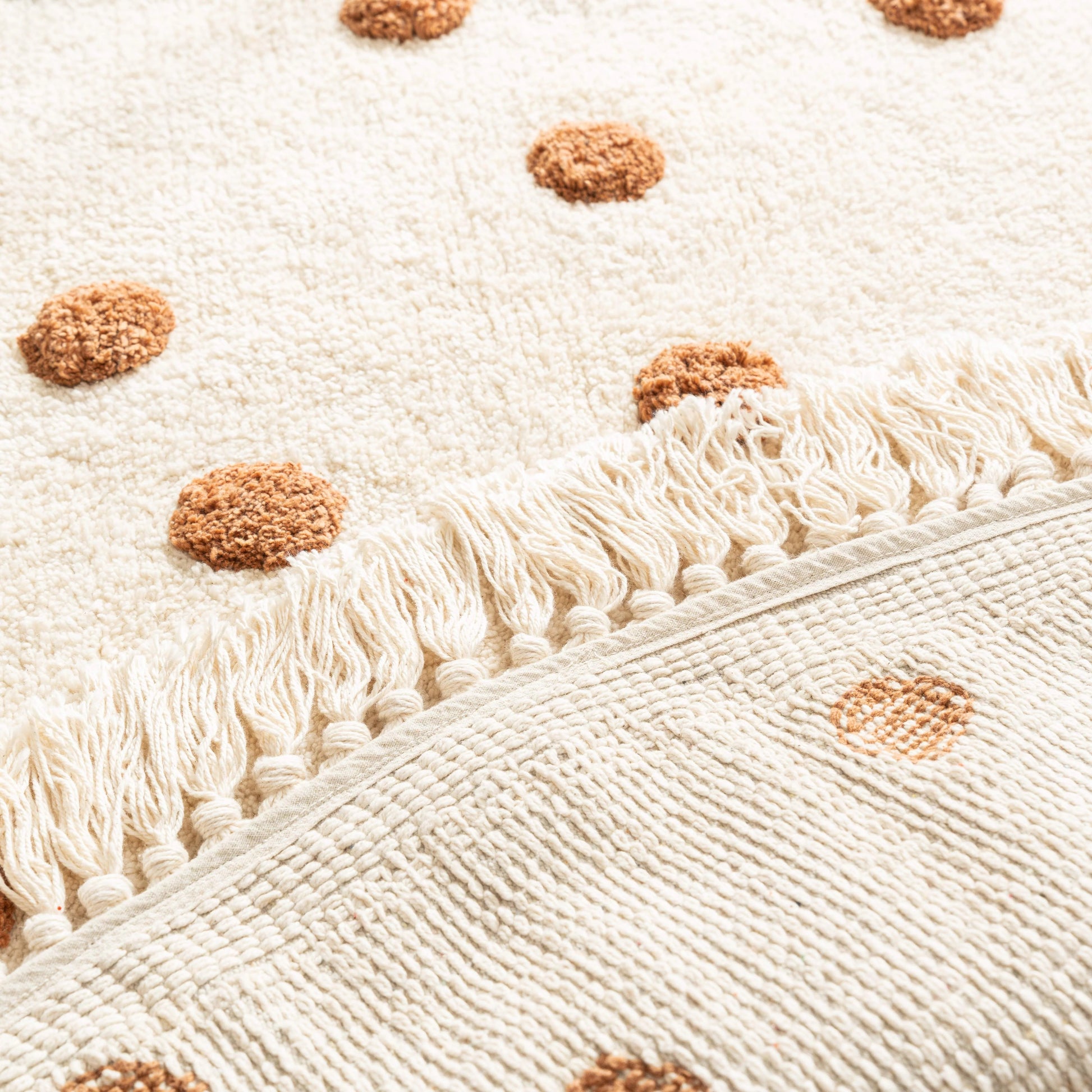 Handmade Cotton Rug with Polka Dots – Tufted Off-White & Brown Area Rug