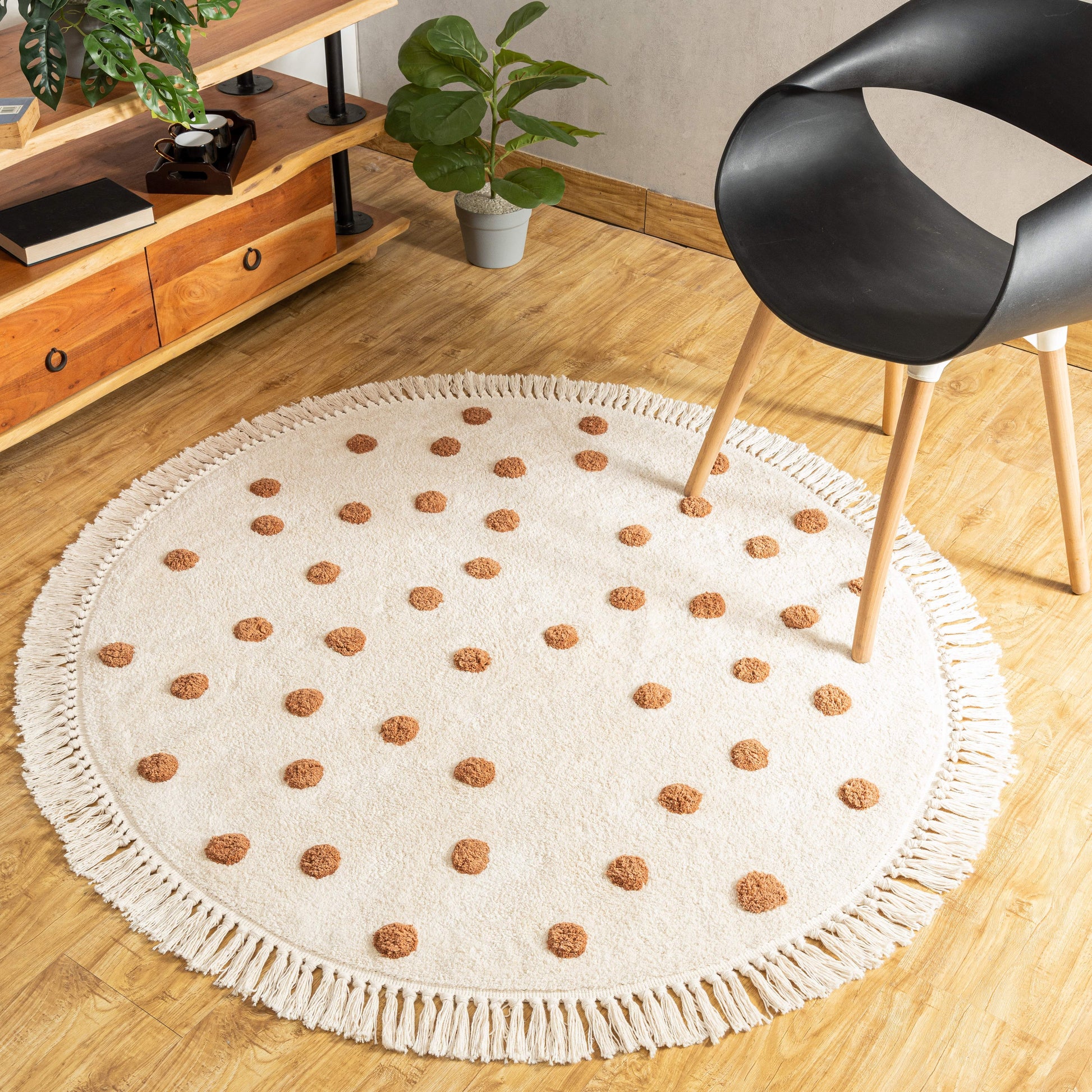 Handmade Cotton Rug with Polka Dots – Tufted Off-White & Brown Area Rug