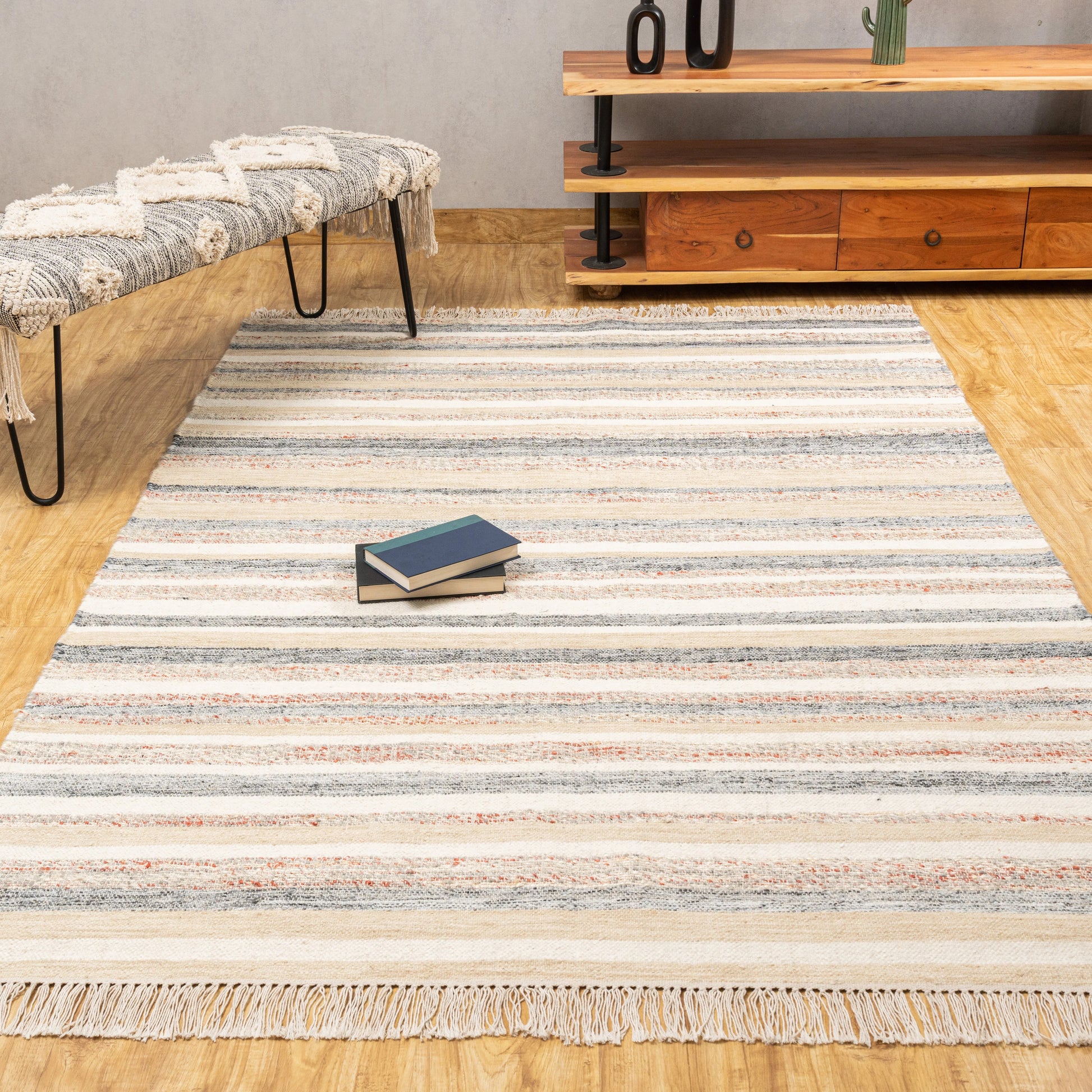 Rust Bands Maeve Rug – Handwoven Wool & Jute Panja Rug in Beige, Grey & Terracotta Stripes