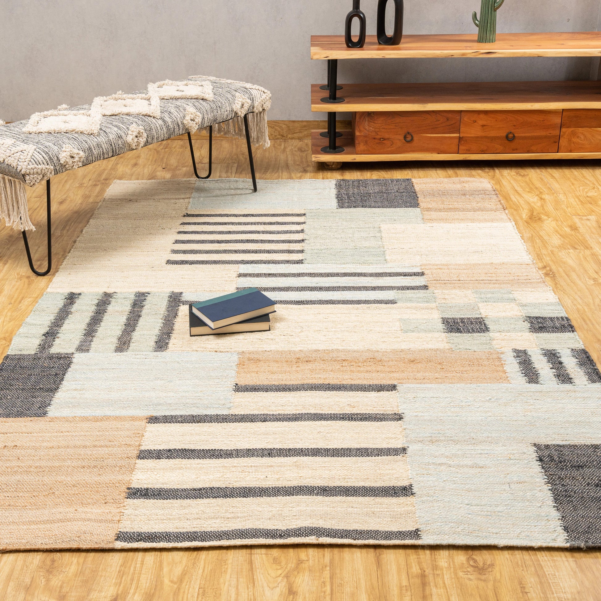 Handwoven Jute Area Rug – Bold Blue & Black Abstract Geometric Pattern