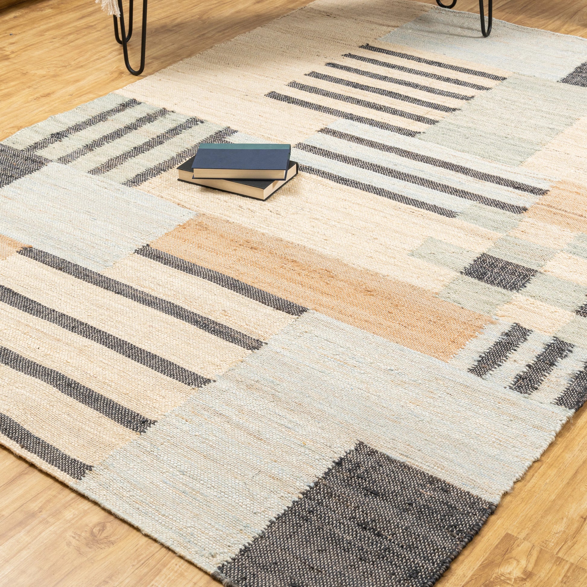 Handwoven Jute Area Rug – Bold Blue & Black Abstract Geometric Pattern