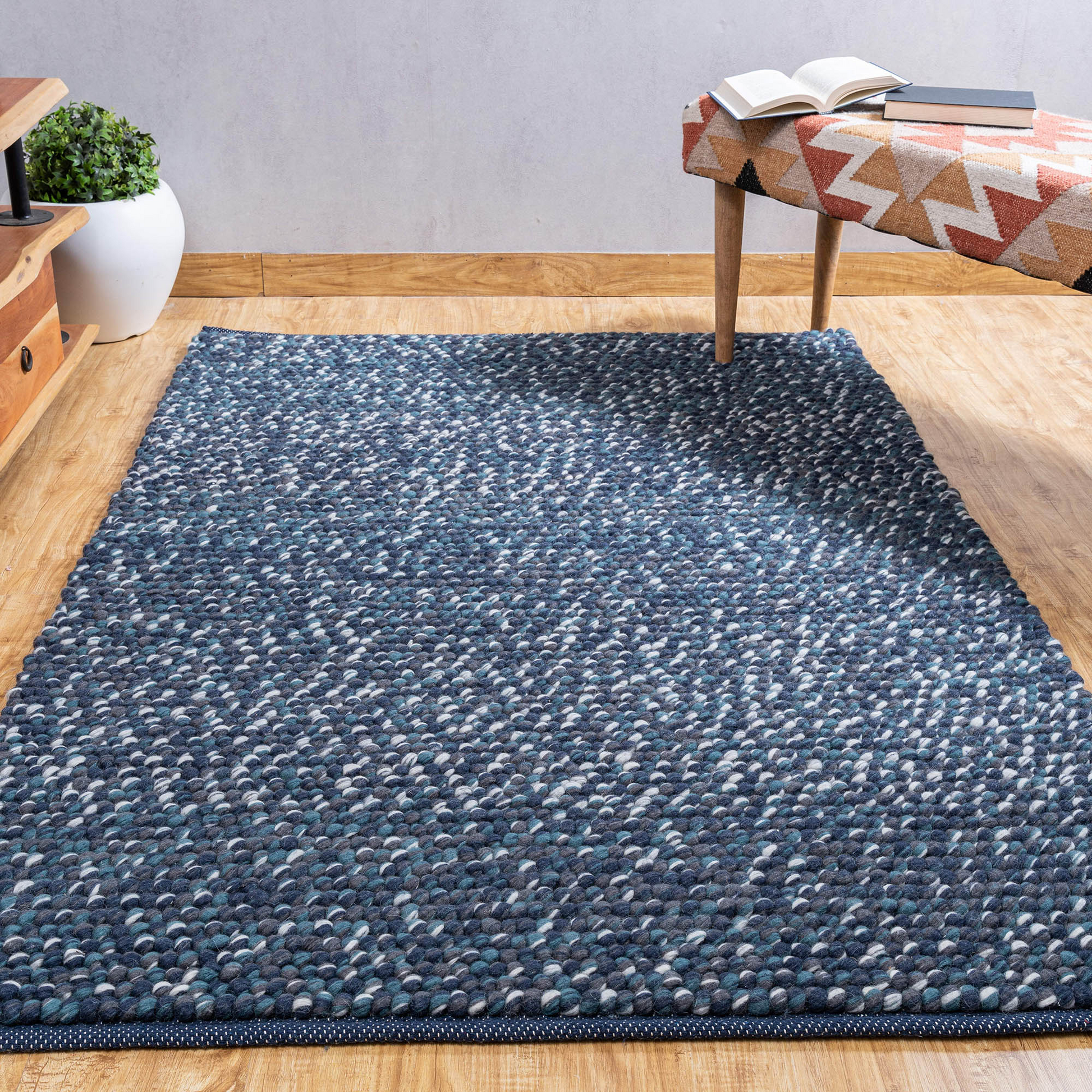 Handwoven Blue Wool Area Rug – Chunky New Zealand Wool Loop Weave | Artisan Textured Rug for Modern Living