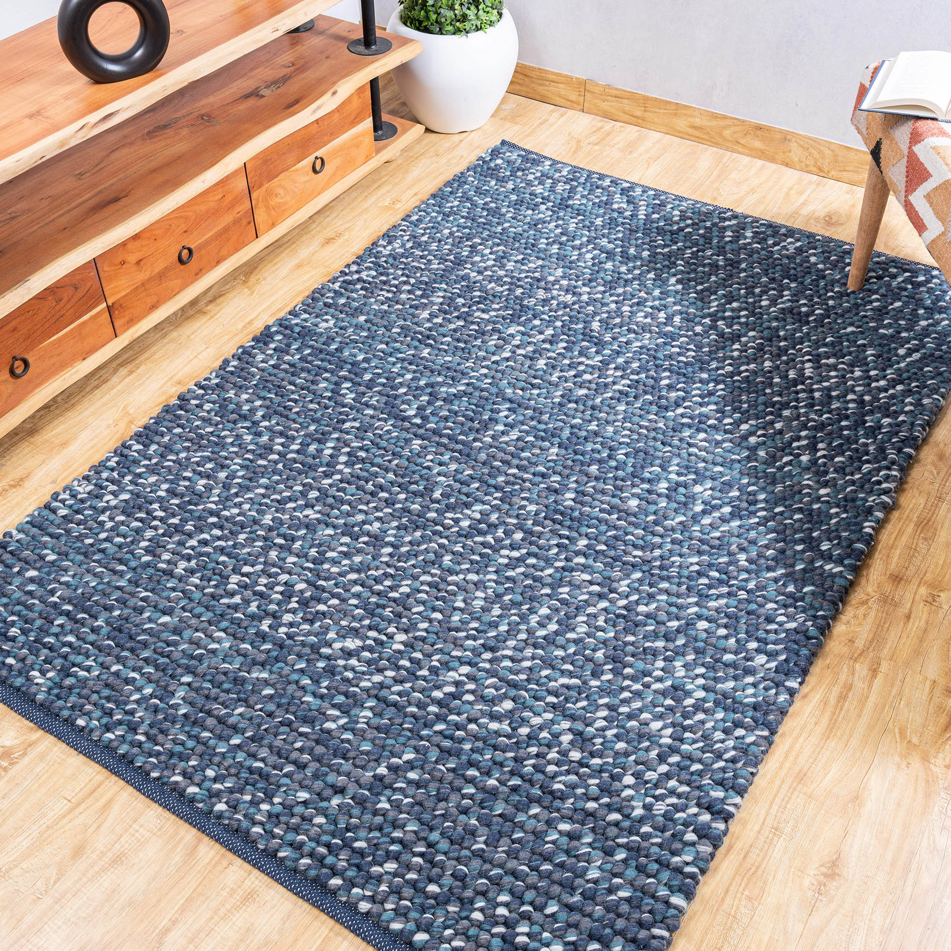 Handwoven Blue Wool Area Rug – Chunky New Zealand Wool Loop Weave | Artisan Textured Rug for Modern Living