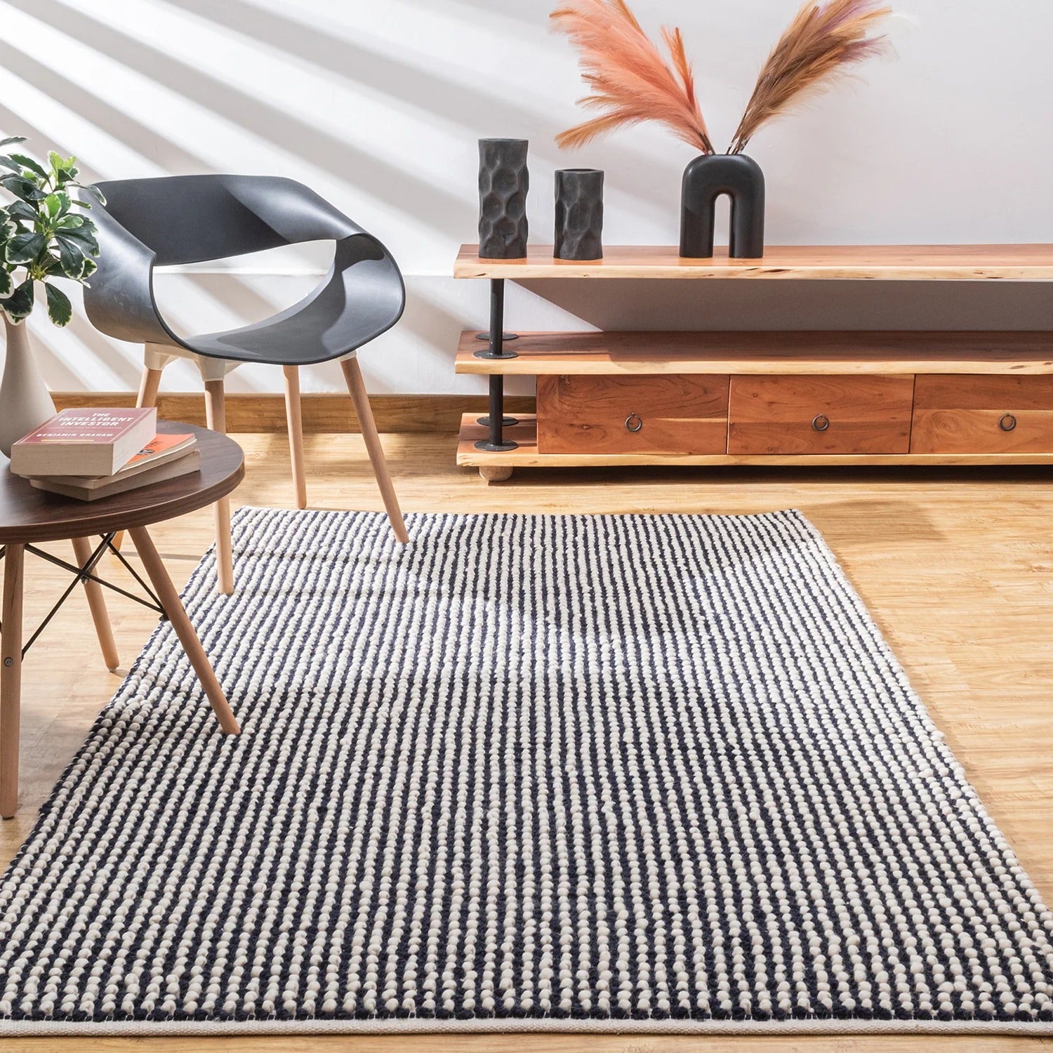 Opal Weave Area Rug – Handwoven Chunky Wool Rug in Ivory & Midnight Blue Stripes
