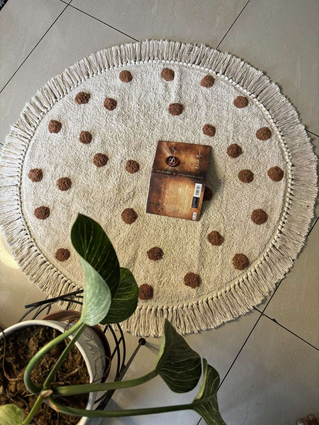 Handmade Cotton Rug with Polka Dots – Tufted Off-White & Brown Area Rug