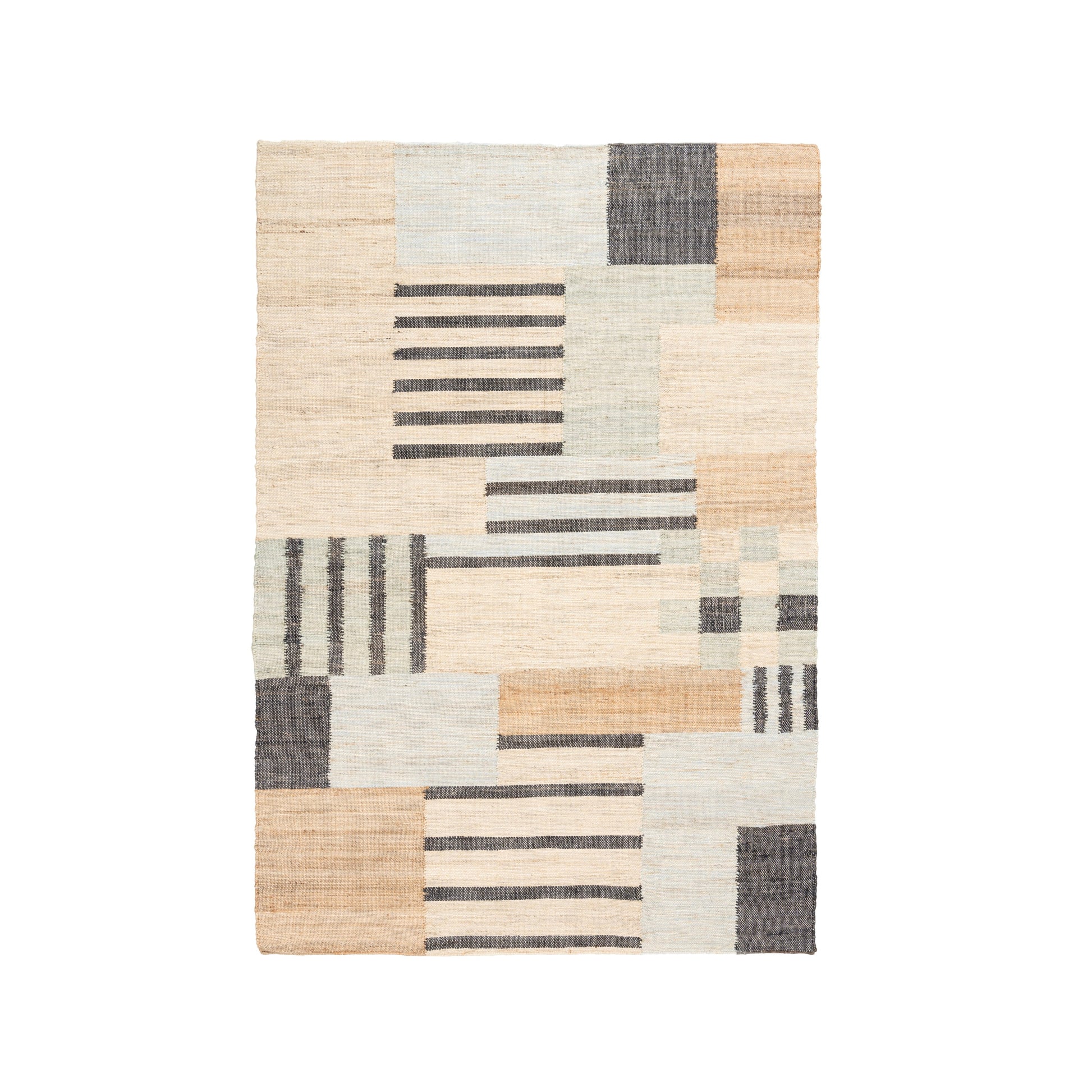 Handwoven Jute Area Rug – Bold Blue & Black Abstract Geometric Pattern