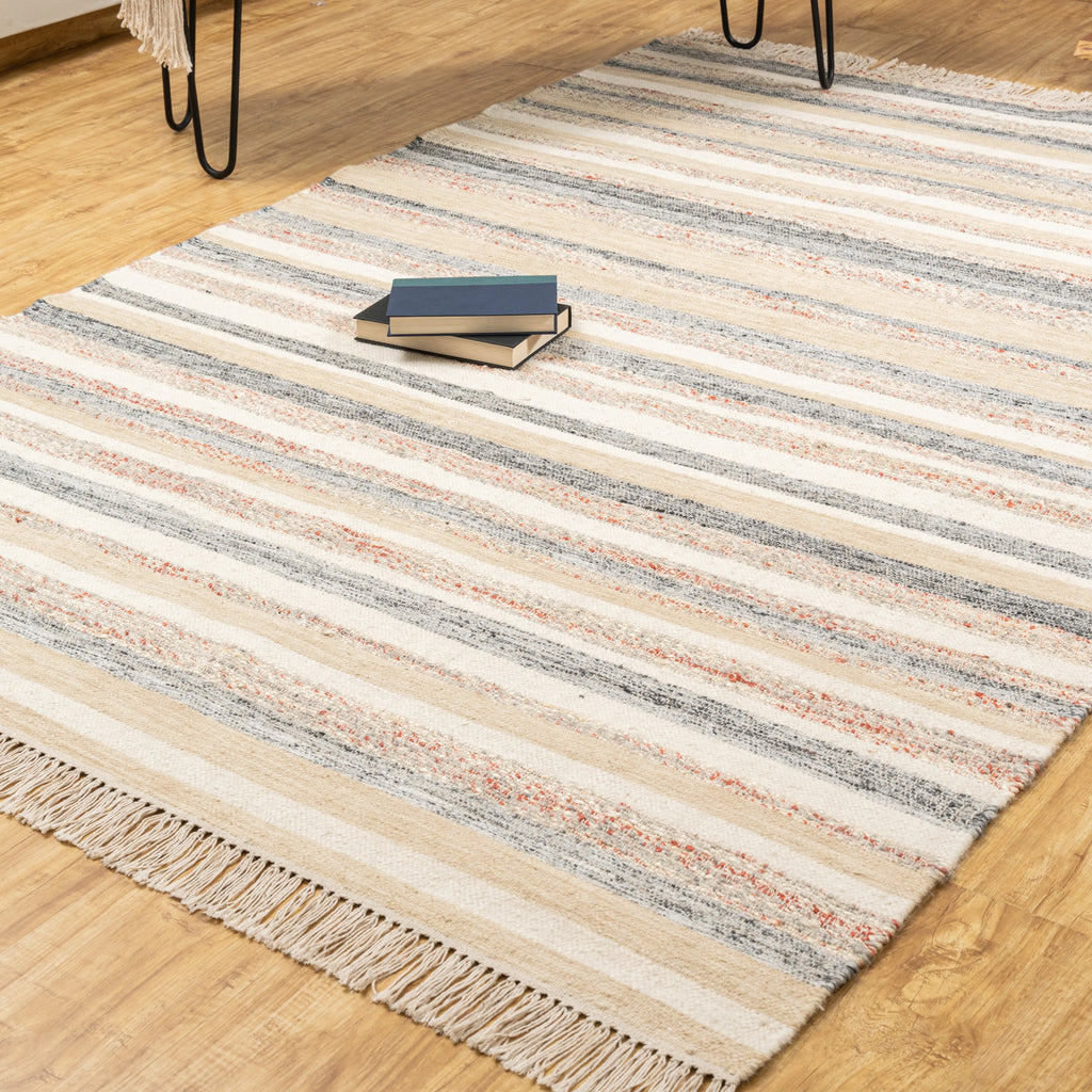 Rust Bands Maeve Rug – Handwoven Wool & Jute Panja Rug in Beige, Grey & Terracotta Stripes