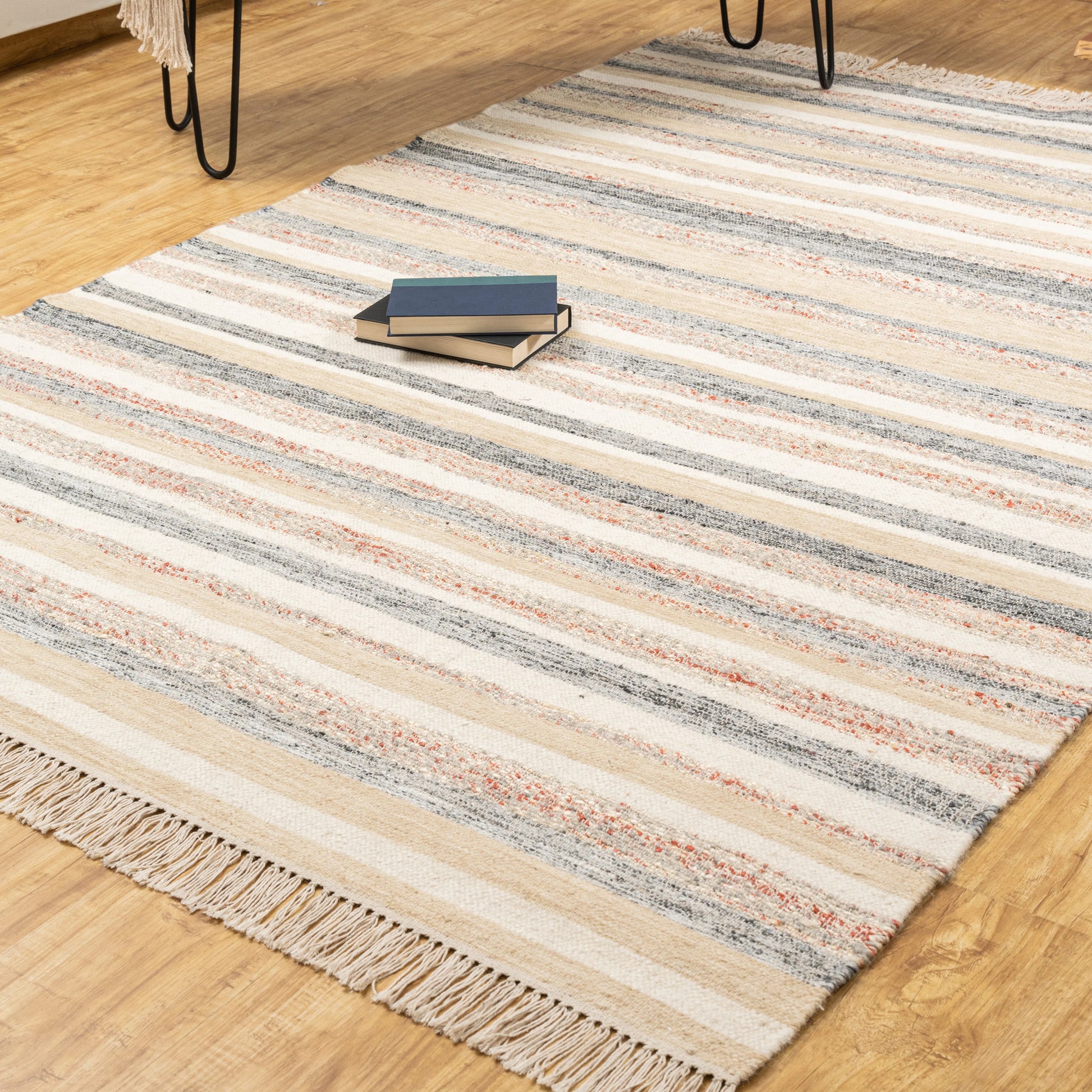 Rust Bands Maeve Rug – Handwoven Wool & Jute Panja Rug in Beige, Grey & Terracotta Stripes