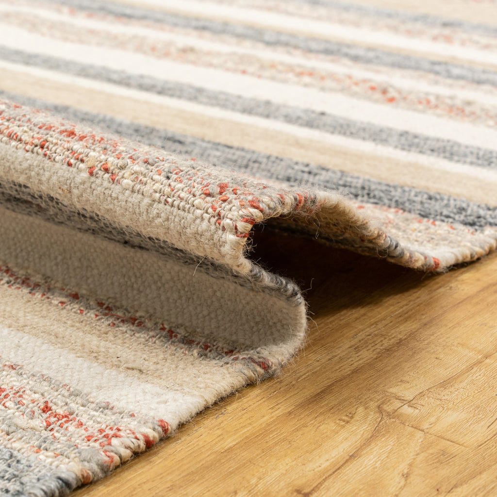 Rust Bands Maeve Rug – Handwoven Wool & Jute Panja Rug in Beige, Grey & Terracotta Stripes