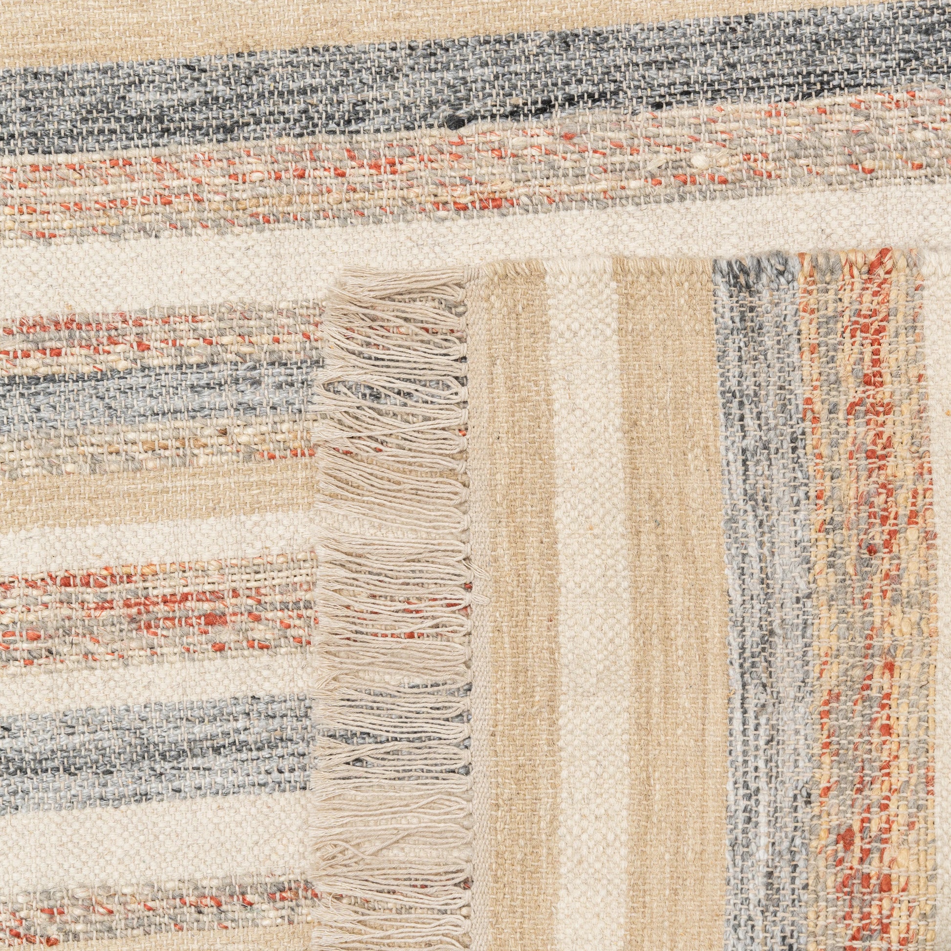 Rust Bands Maeve Rug – Handwoven Wool & Jute Panja Rug in Beige, Grey & Terracotta Stripes