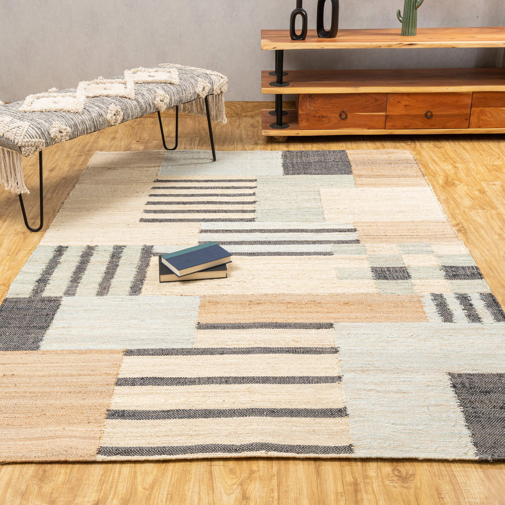 Handwoven Jute Area Rug – Bold Blue & Black Abstract Geometric Pattern