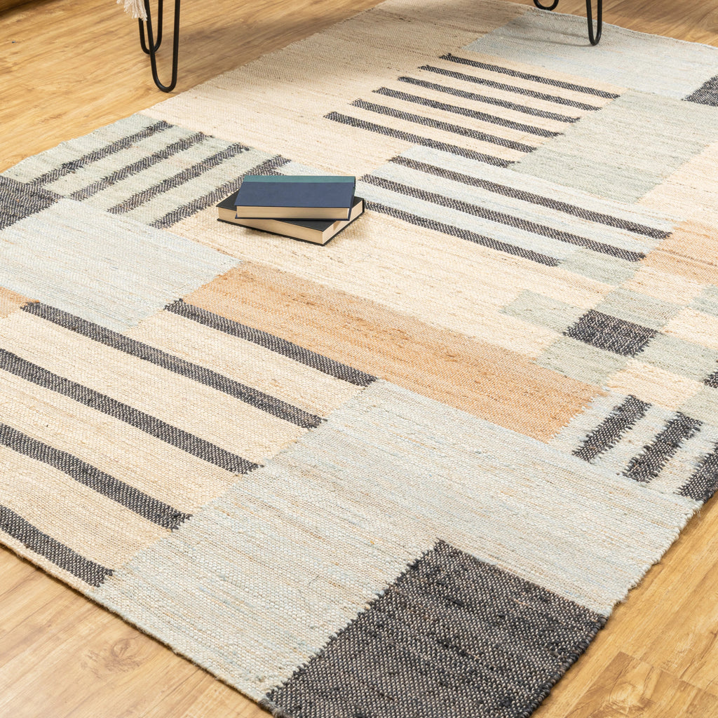 Handwoven Jute Area Rug – Bold Blue & Black Abstract Geometric Pattern