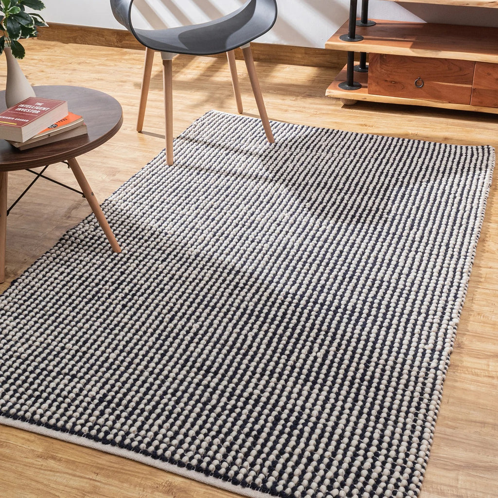 Opal Weave Area Rug – Handwoven Chunky Wool Rug in Ivory & Midnight Blue Stripes