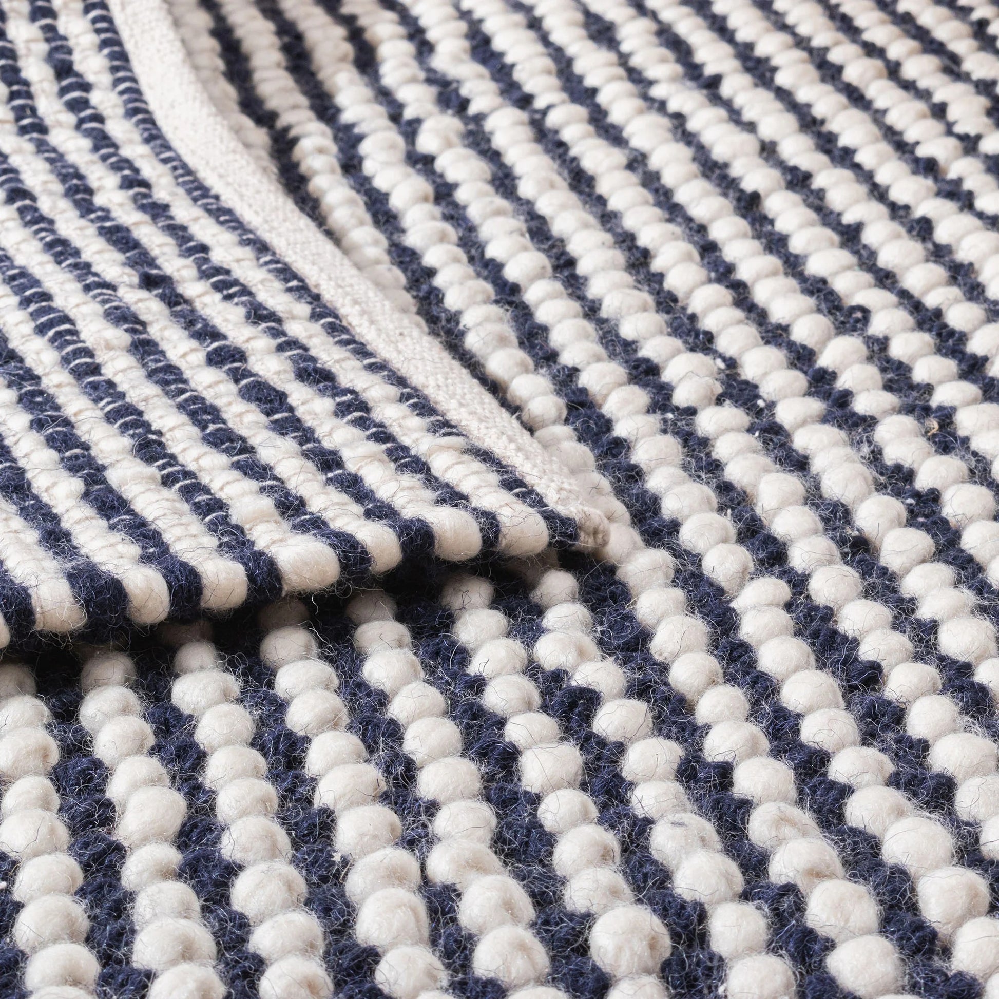 Opal Weave Area Rug – Handwoven Chunky Wool Rug in Ivory & Midnight Blue Stripes